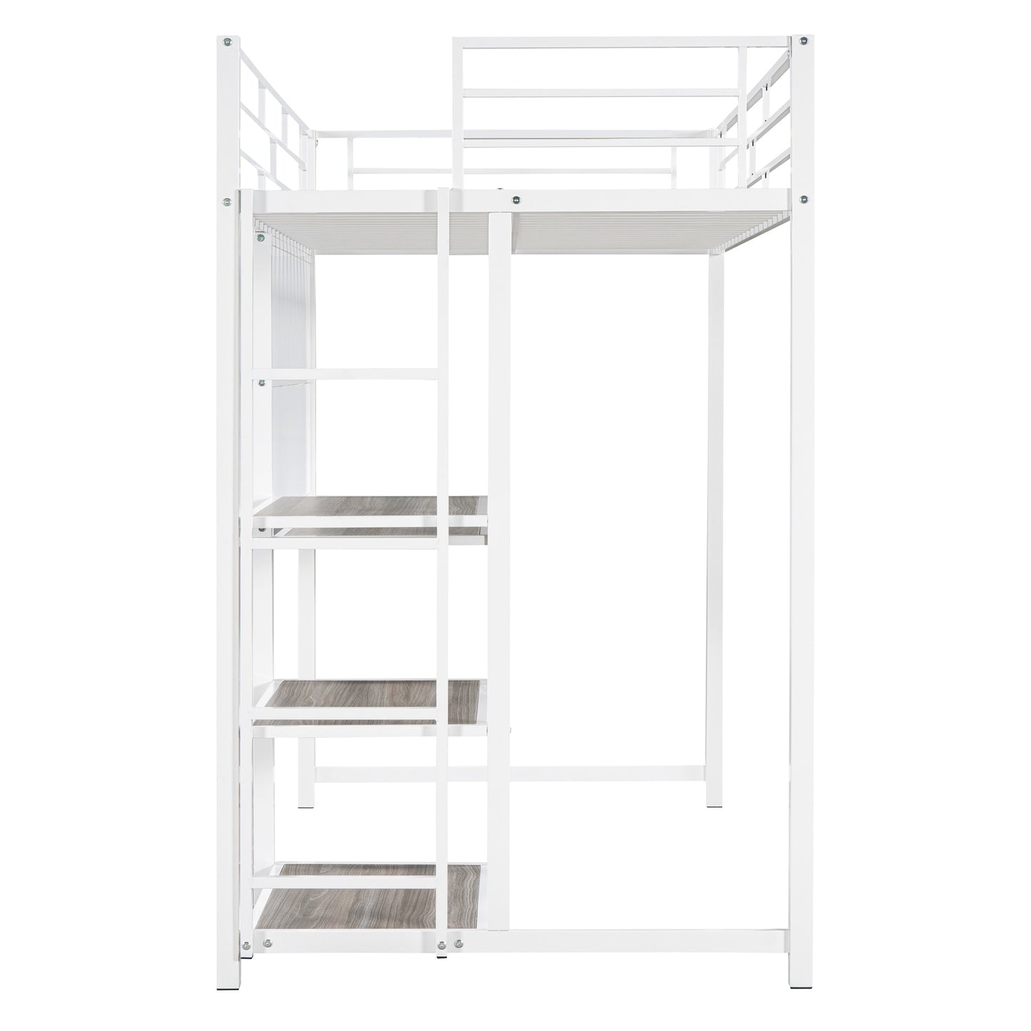 Twin Size Loft Bed with Desk and Whiteboard, Metal Loft Bed with 3 Shelves and Ladder, White - Free Shipping - Aurelia Clothing