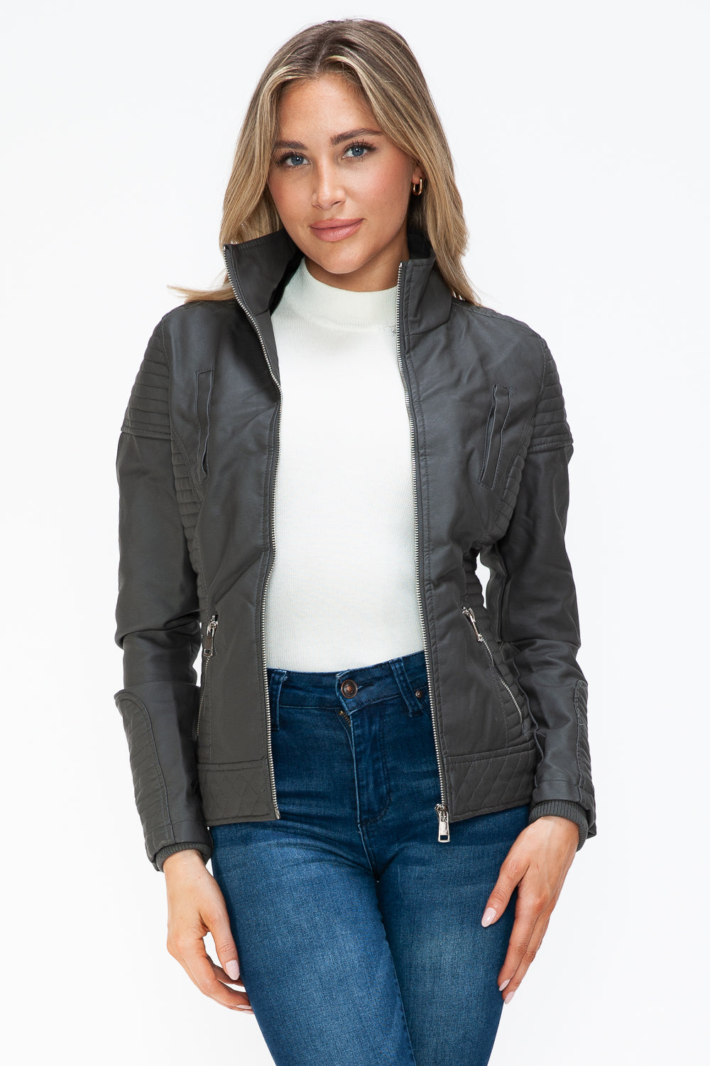 YMI Faux Layered Double-Zipper Jacket with Fuzzy Hood - Aurelia Clothing