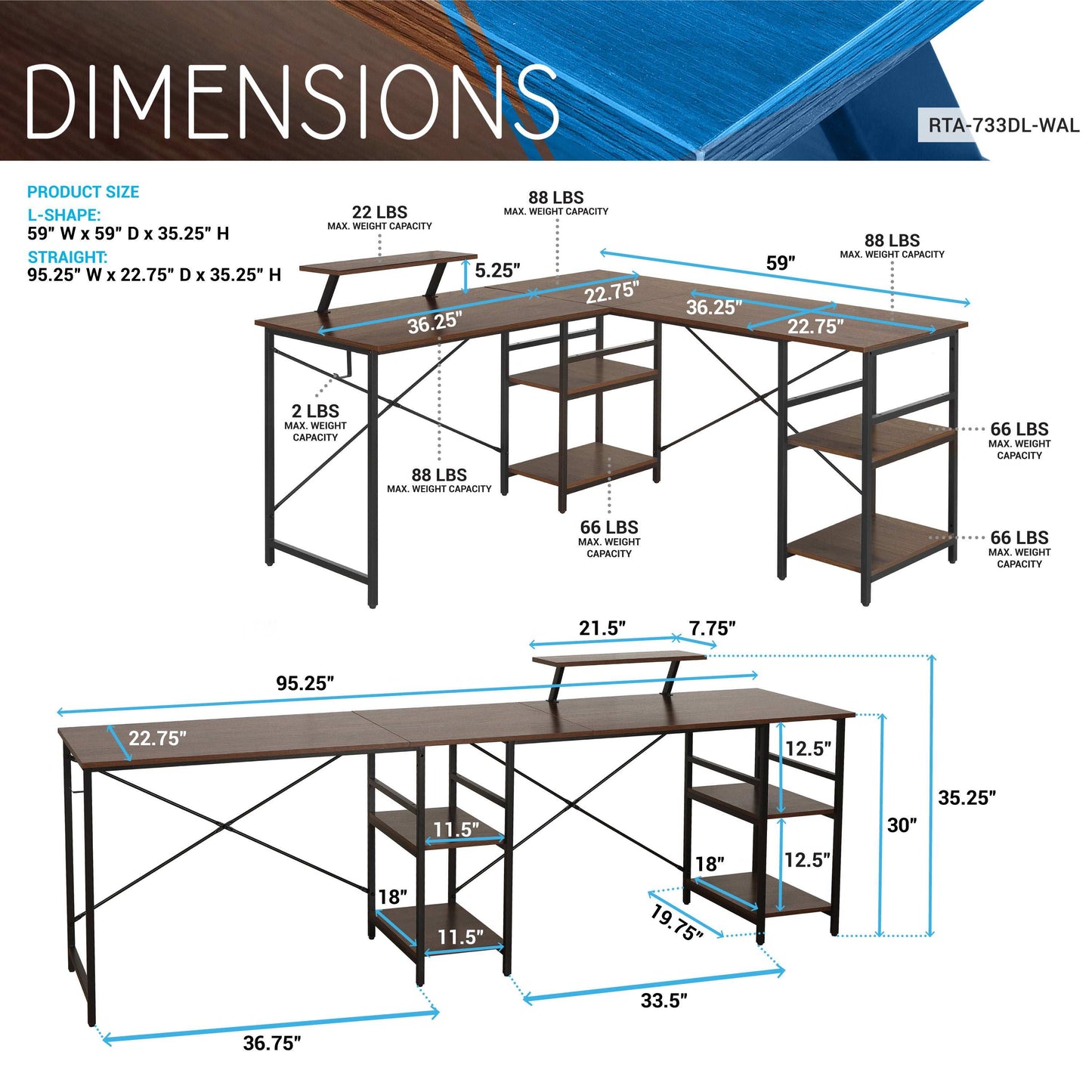 Techni Mobili L-Shape Industrial Desk with storage shelves, Walnut - Free Shipping - Aurelia Clothing