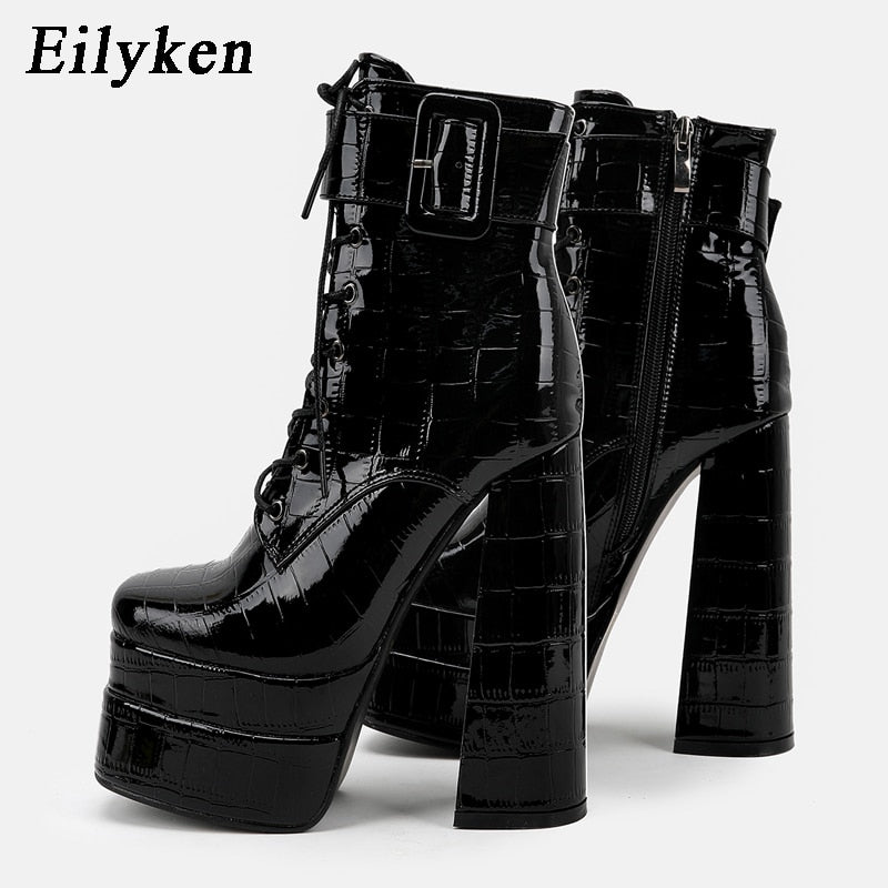 New super high heel square head large women's leather boots with strap and thick heel short boots double waterproof platform boots - Free Shipping - Aurelia Clothing