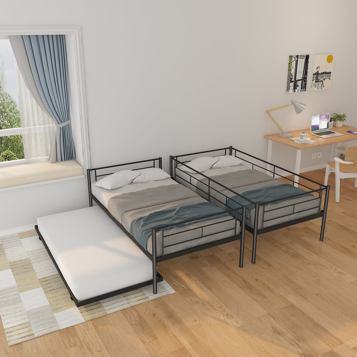 Twin Over Twin Metal Bunk Bed Frame with Trundle(Upgrade reinforcement version)- Free Shipping - Aurelia Clothing