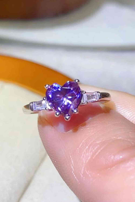 1 Carat Moissanite Heart-Shaped Platinum-Plated Ring in Purple - Aurelia Clothing