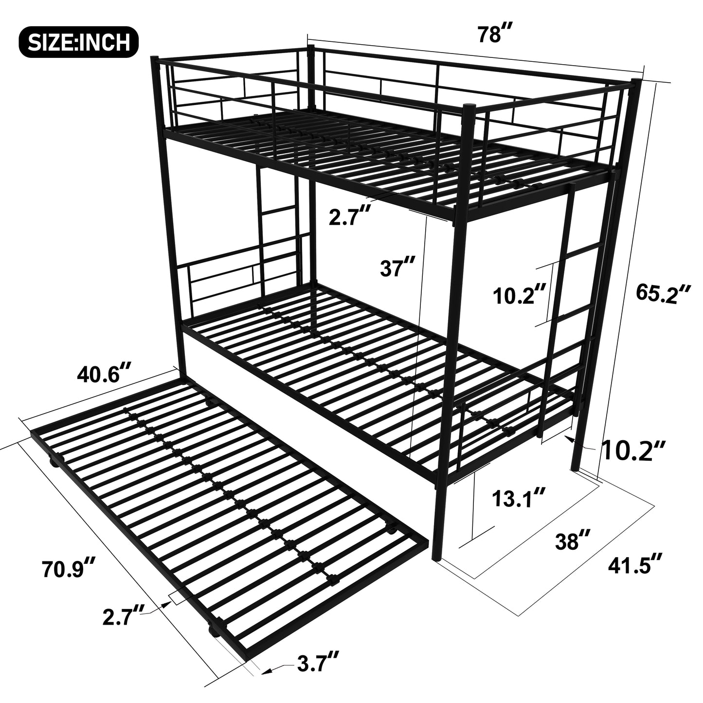 Twin Over Twin Metal Bunk Bed Frame with Trundle(Upgrade reinforcement version)- Free Shipping - Aurelia Clothing