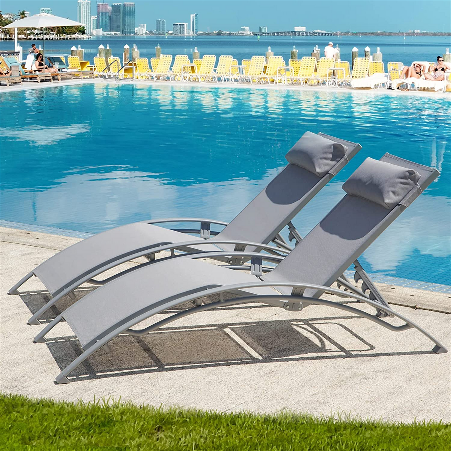 Outdoor Chaise Lounge Set of 2 Patio Recliner Chairs with Adjustable Backrest and Removable Pillow for Indoor&Outdoor Beach Pool Sunbathing Lawn (Gray, 2 Lounge Chairs) - Free Shipping - Aurelia Clothing