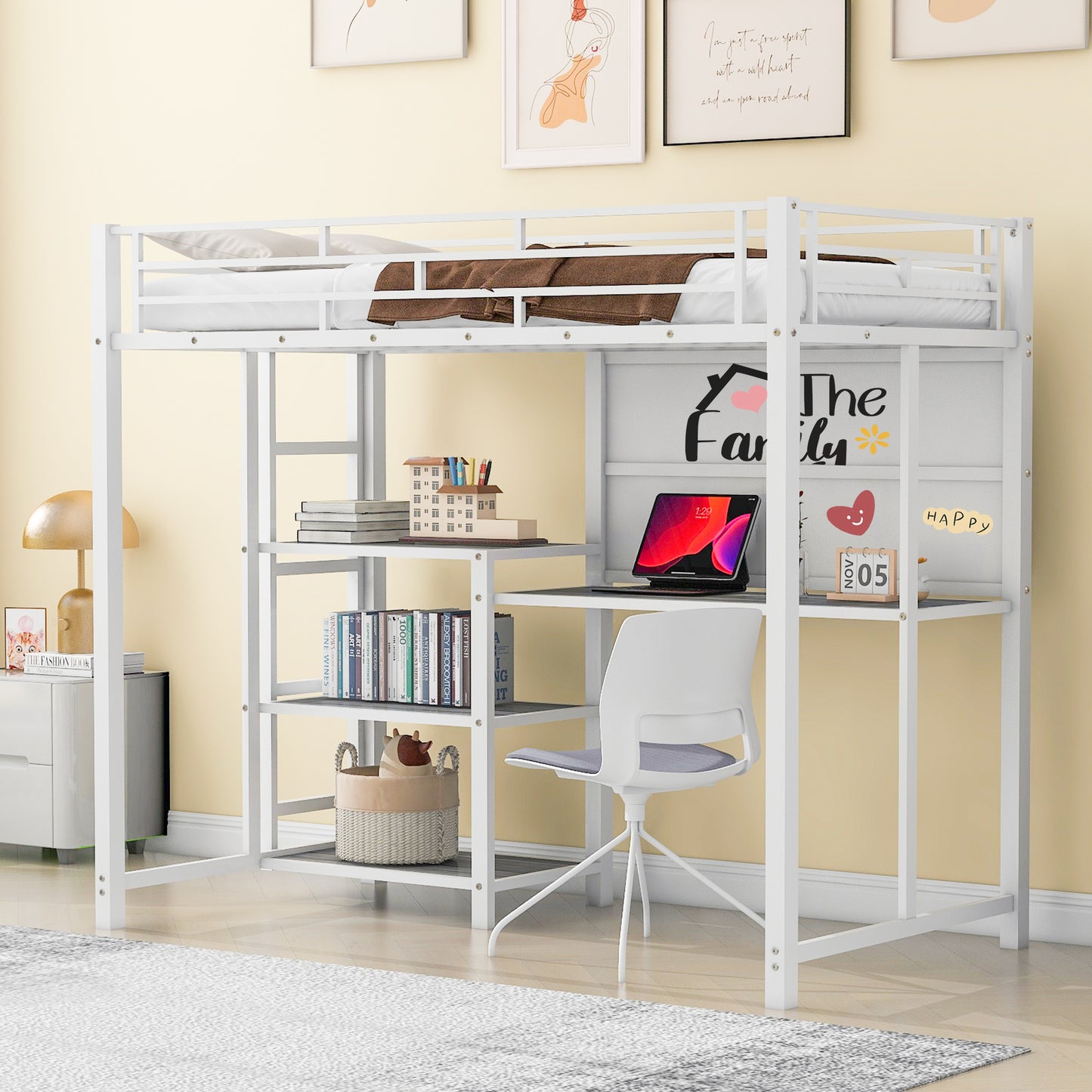 Twin Size Loft Bed with Desk and Whiteboard, Metal Loft Bed with 3 Shelves and Ladder, White - Free Shipping - Aurelia Clothing