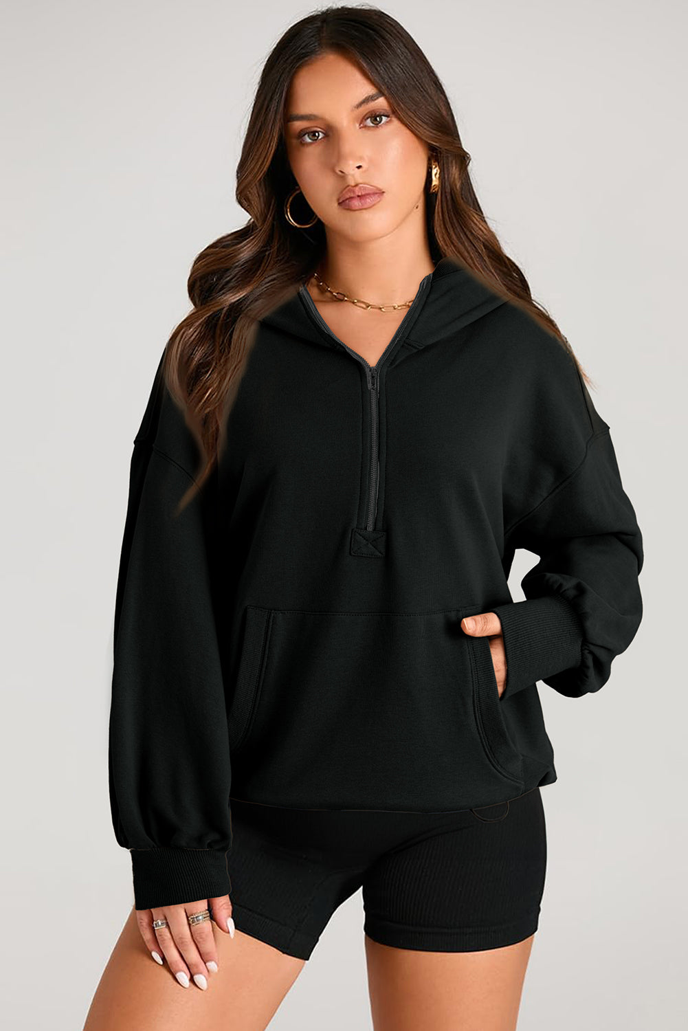 Pocketed Half Zip Long Sleeve Hoodie - Aurelia Clothing