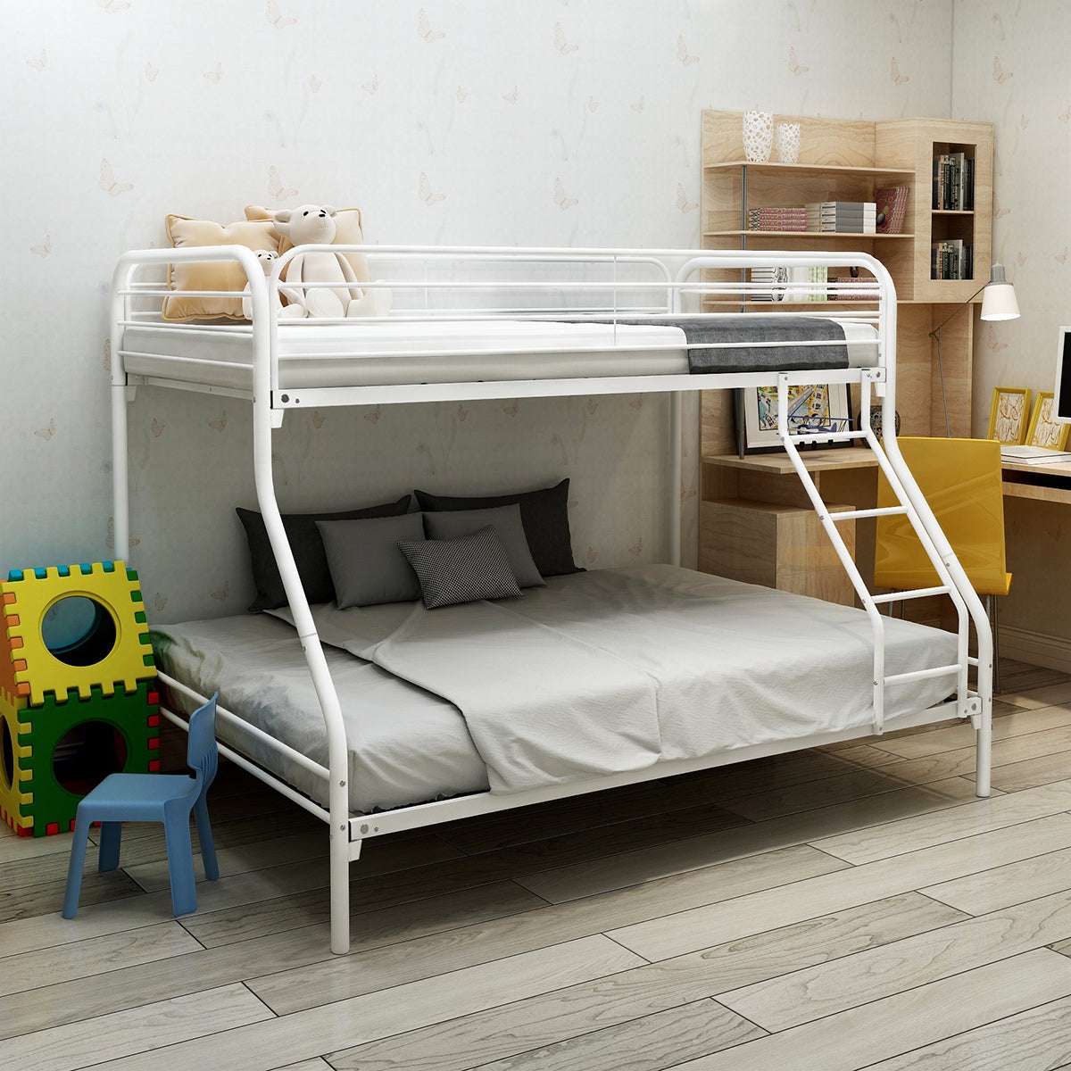 Twin-Over-Full Metal Bunk Bed, Heavy Duty Bunk Bed,Easy Assembly with Enhanced Upper-Level Guardrail, White - Free Shipping - Aurelia Clothing