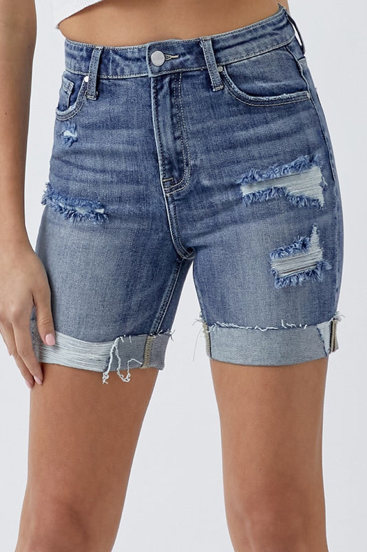 RISEN Full Size Distressed Rolled Denim Shorts with Pockets - Aurelia Clothing