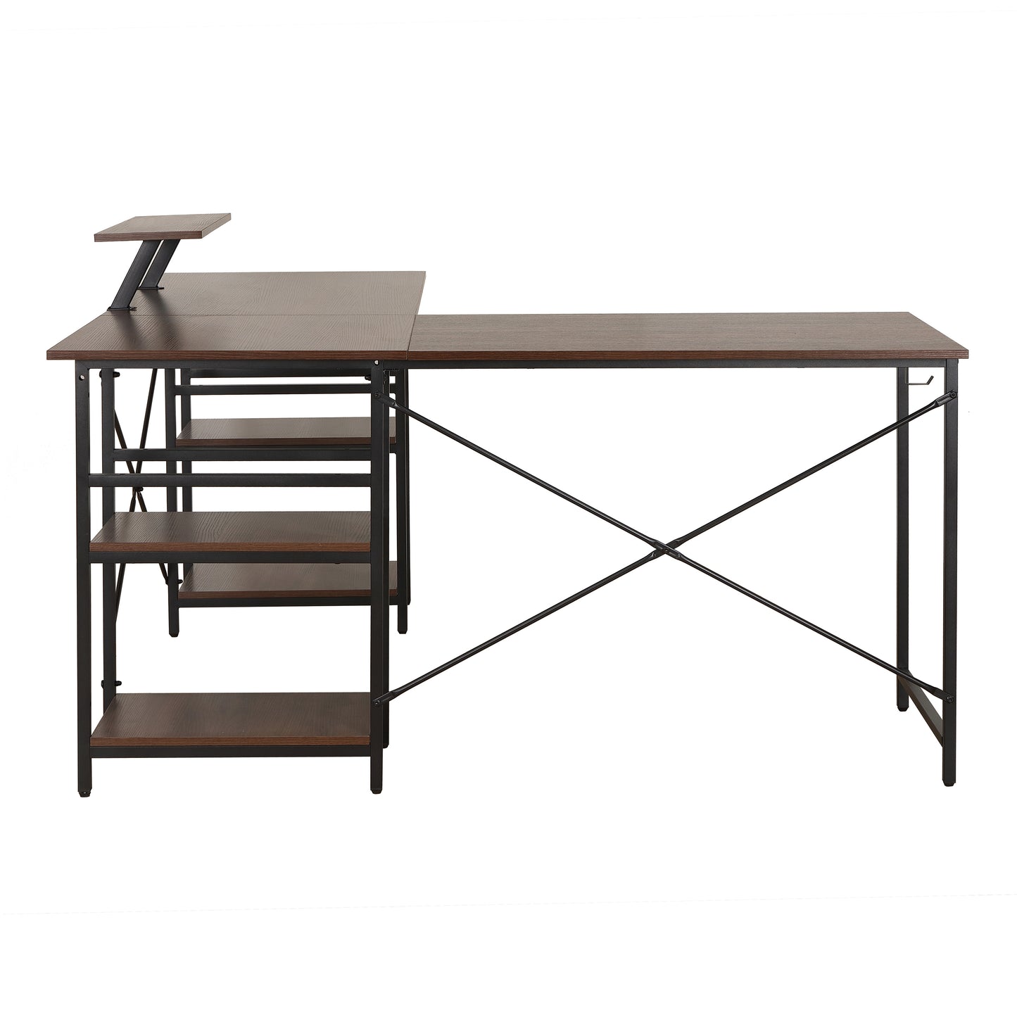Techni Mobili L-Shape Industrial Desk with storage shelves, Walnut - Free Shipping - Aurelia Clothing