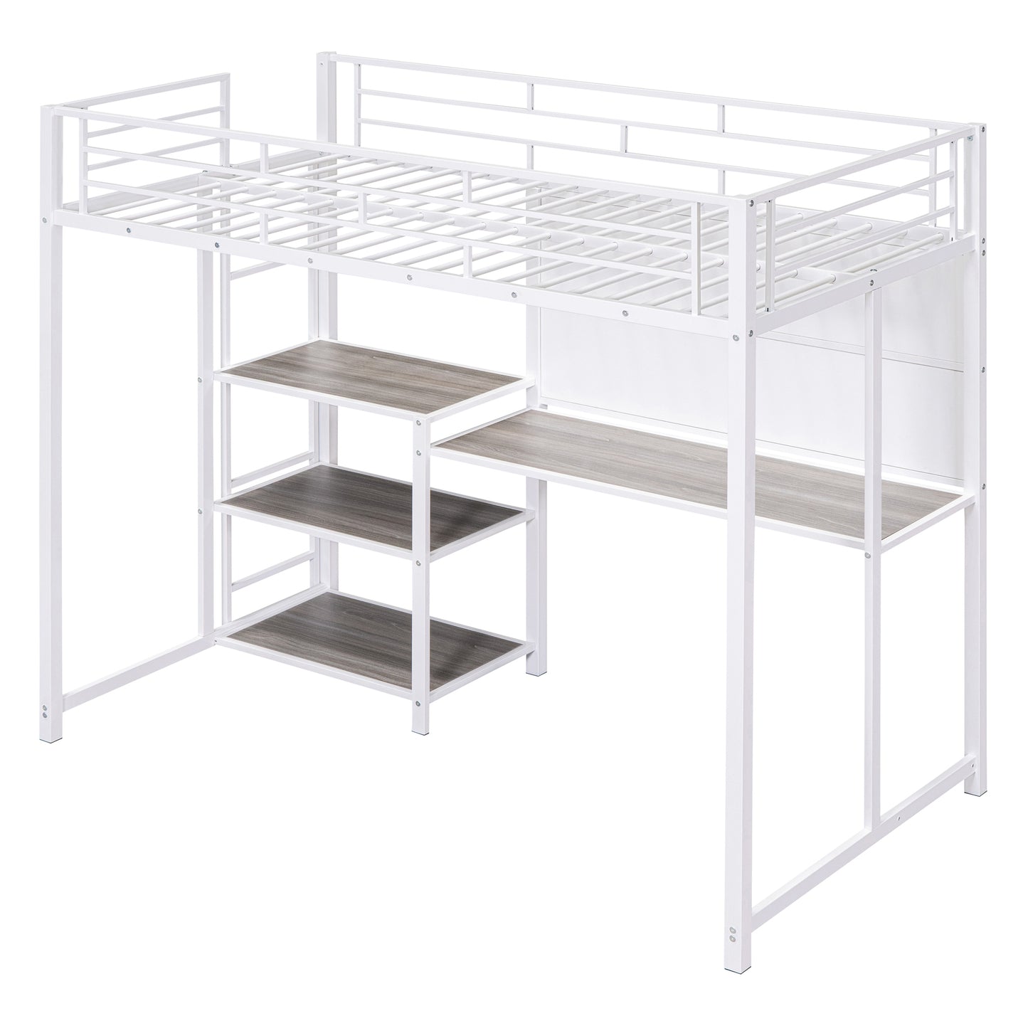 Twin Size Loft Bed with Desk and Whiteboard, Metal Loft Bed with 3 Shelves and Ladder, White - Free Shipping - Aurelia Clothing