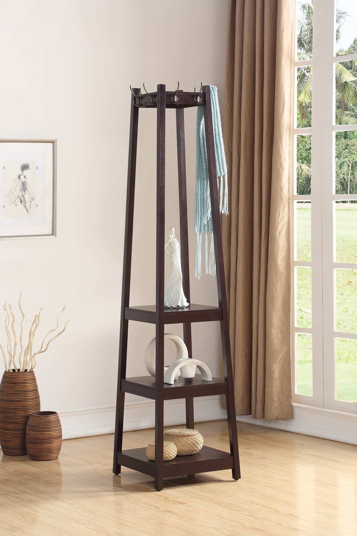 Vassen Coat Rack w/ 3-Tier Storage Shelves in Espresso Finish - Free Shipping - Aurelia Clothing