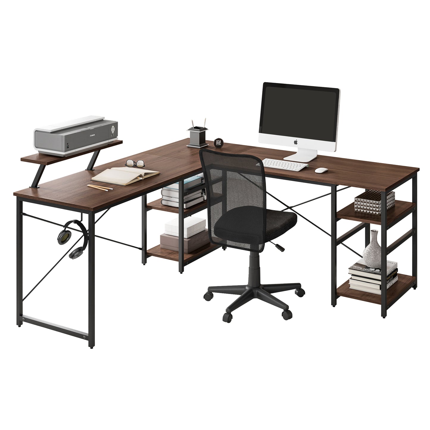 Techni Mobili L-Shape Industrial Desk with storage shelves, Walnut - Free Shipping - Aurelia Clothing
