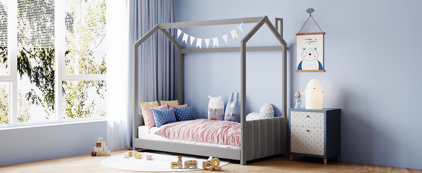 Twin Size Velvet House Bed Wood Bed, Gray - Free Shipping - Aurelia Clothing