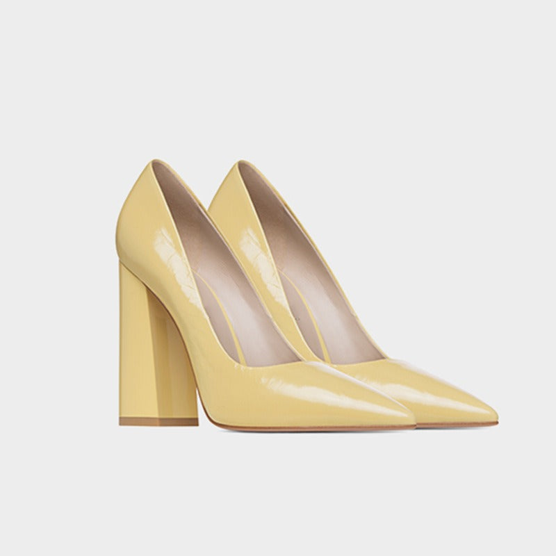 Thick Heeled Patent Leather Yellow High Heels, Oversized Womens Shoes, Fashion Shoes, Professional Womens Single Shoes - Free Shipping - Aurelia Clothing