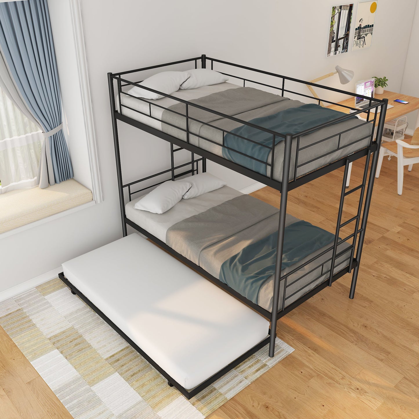 Twin Over Twin Metal Bunk Bed Frame with Trundle(Upgrade reinforcement version)- Free Shipping - Aurelia Clothing