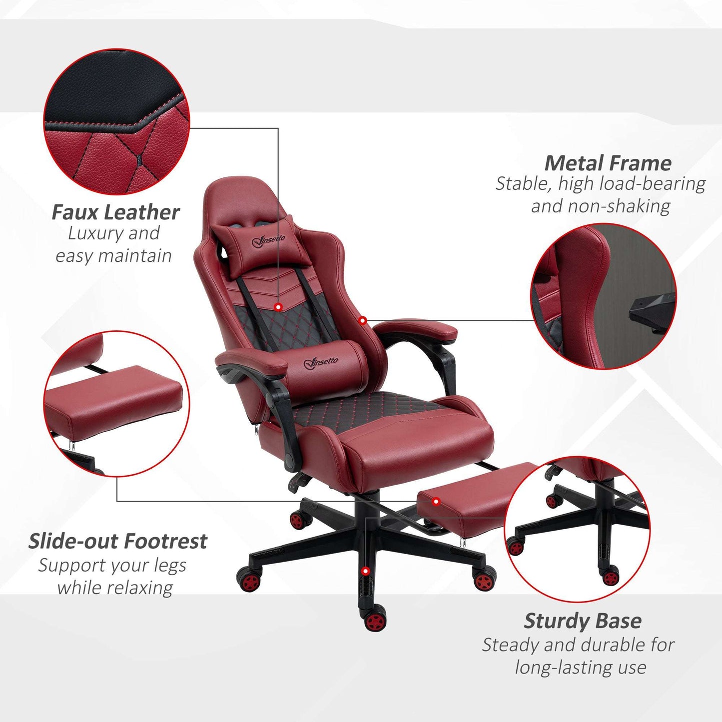Vinsetto Racing Gaming Chair Diamond PU Leather Office Gamer Chair High Back Swivel Recliner with Footrest, Lumbar Support, Adjustable Height, Red - Free Shipping - Aurelia Clothing