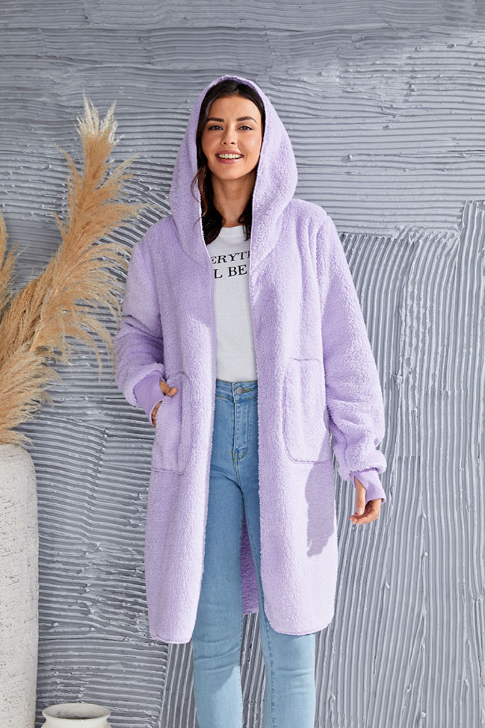 Double Take Full Size Hooded Teddy Bear Jacket with Thumbholes - Aurelia Clothing