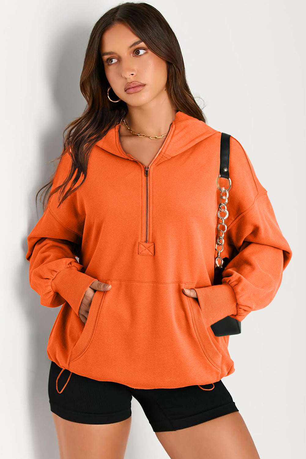 Pocketed Half Zip Long Sleeve Hoodie - Aurelia Clothing