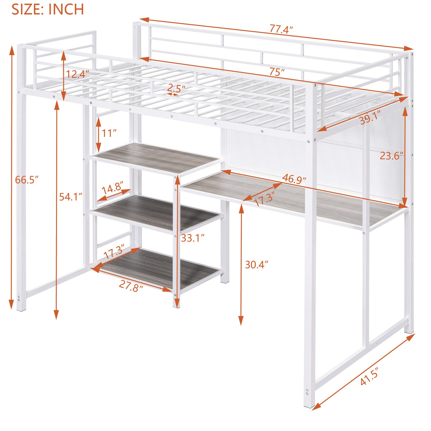 Twin Size Loft Bed with Desk and Whiteboard, Metal Loft Bed with 3 Shelves and Ladder, White - Free Shipping - Aurelia Clothing