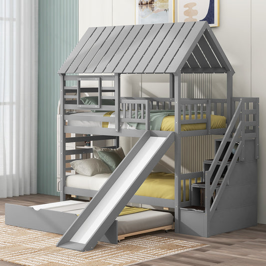 Twin over Twin House Bunk Bed with Trundle and Slide, Storage Staircase, Roof and Window Design, Gray(Old SKU: GX000931AAE) - Free Shipping - Aurelia Clothing