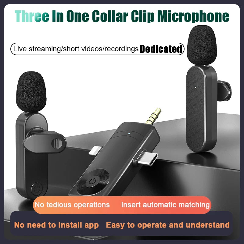 3 In 1 Wireless Lavalier Microphone Plug And Play Intelligent Noise Reduction Mini Mic For iPhone Android Live Broadcast - Aurelia Clothing