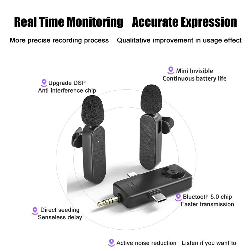3 In 1 Wireless Lavalier Microphone Plug And Play Intelligent Noise Reduction Mini Mic For iPhone Android Live Broadcast - Aurelia Clothing