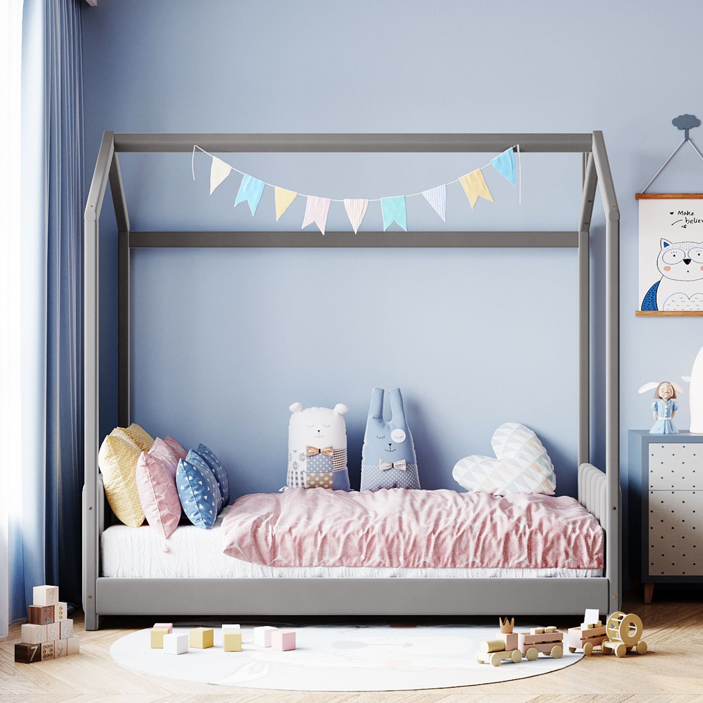 Twin Size Velvet House Bed Wood Bed, Gray - Free Shipping - Aurelia Clothing