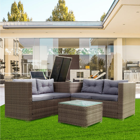 4 Piece Patio Sectional Wicker Rattan Outdoor Furniture Sofa Set with Storage Box Grey - Free Shipping - Aurelia Clothing