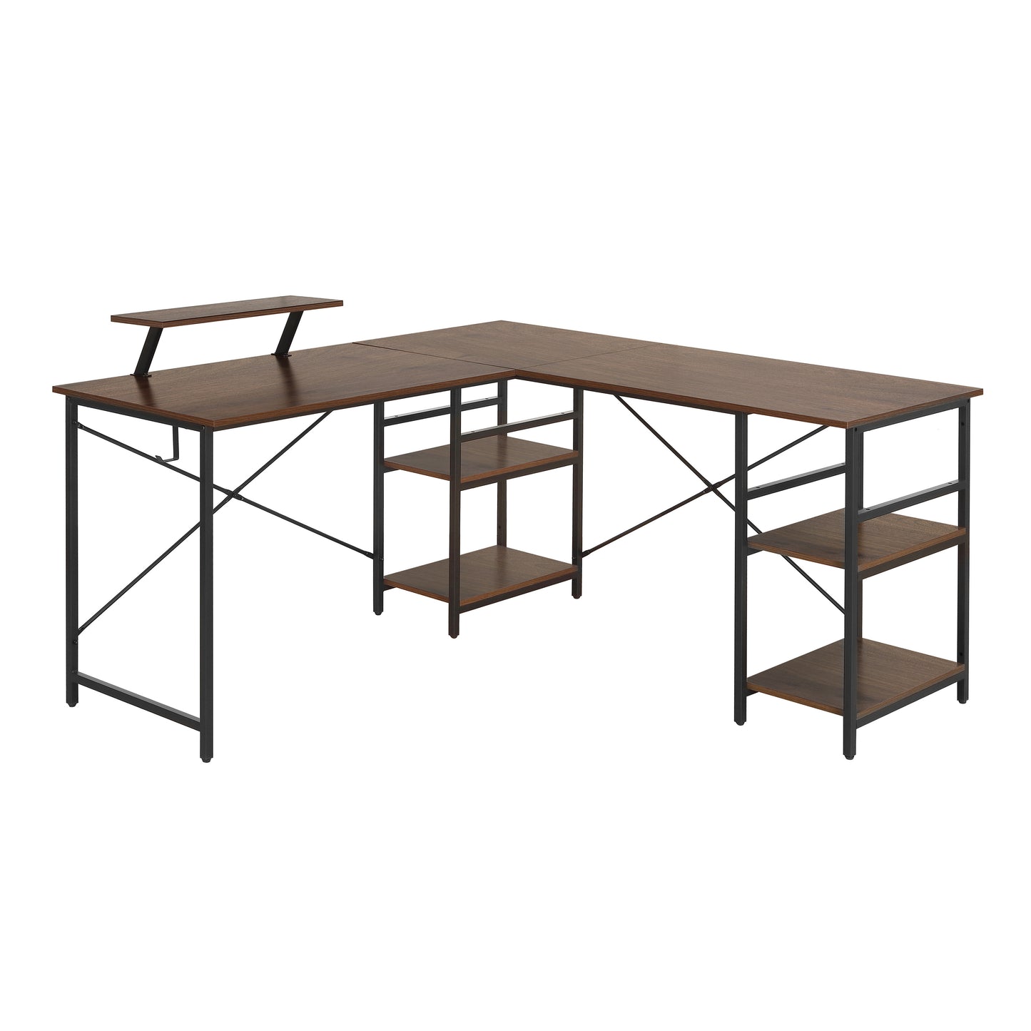 Techni Mobili L-Shape Industrial Desk with storage shelves, Walnut - Free Shipping - Aurelia Clothing