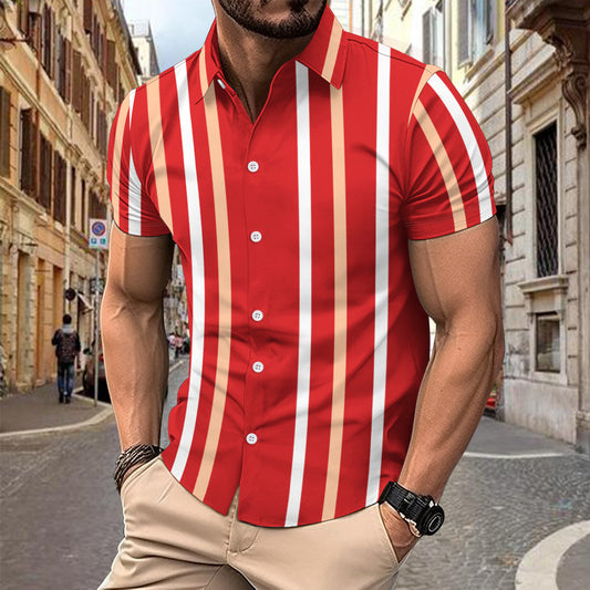 Casual Striped Printed Short Sleeve Shirt Summer Lapel Button Top Men's Clothing - Free Shipping - Aurelia Clothing