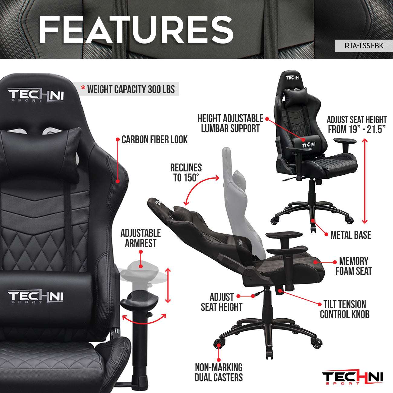 Techni Sport TS-5100 Ergonomic High Back Racer Style PC Gaming Chair, Black - Free Shipping - Aurelia Clothing