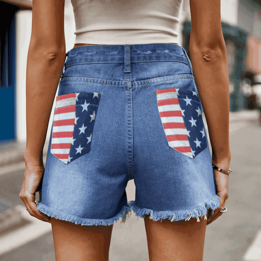 US Flag Distressed Denim Shorts - Aurelia Clothing