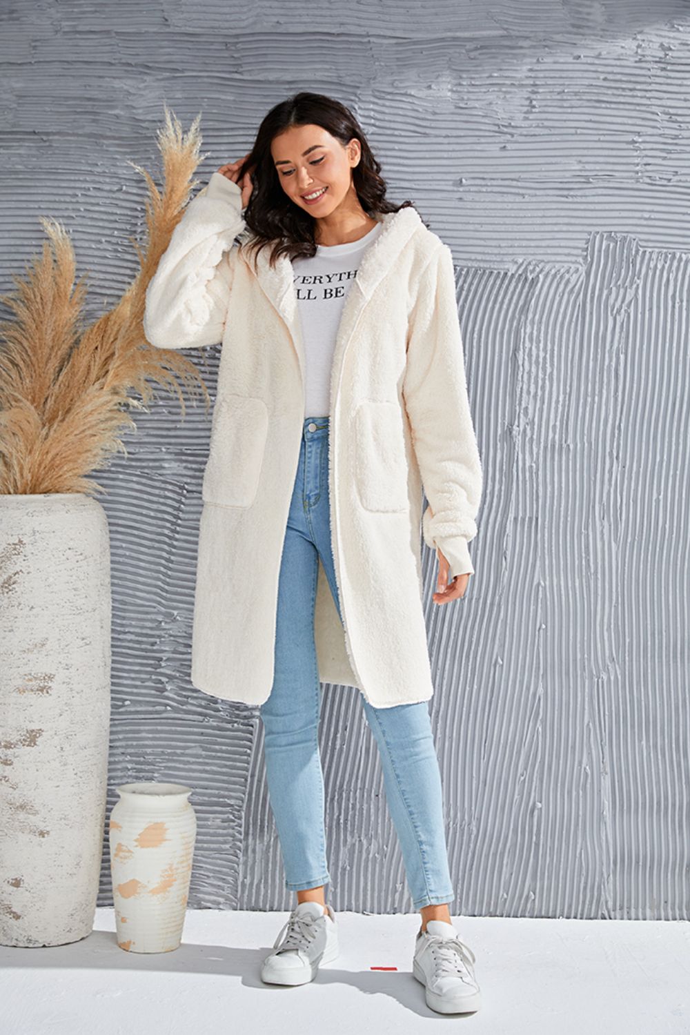 Double Take Full Size Hooded Teddy Bear Jacket with Thumbholes - Aurelia Clothing