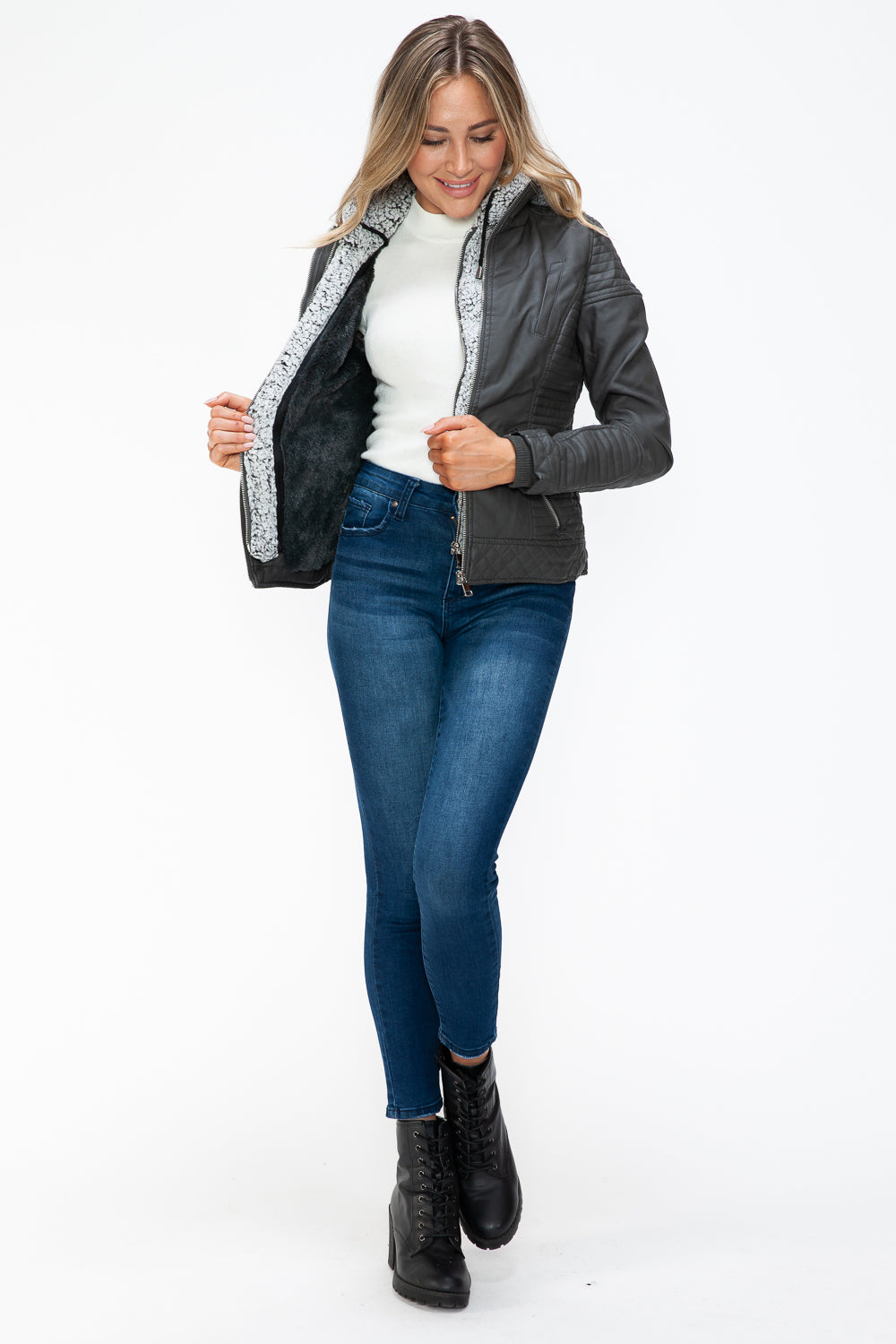 YMI Faux Layered Double-Zipper Jacket with Fuzzy Hood - Aurelia Clothing