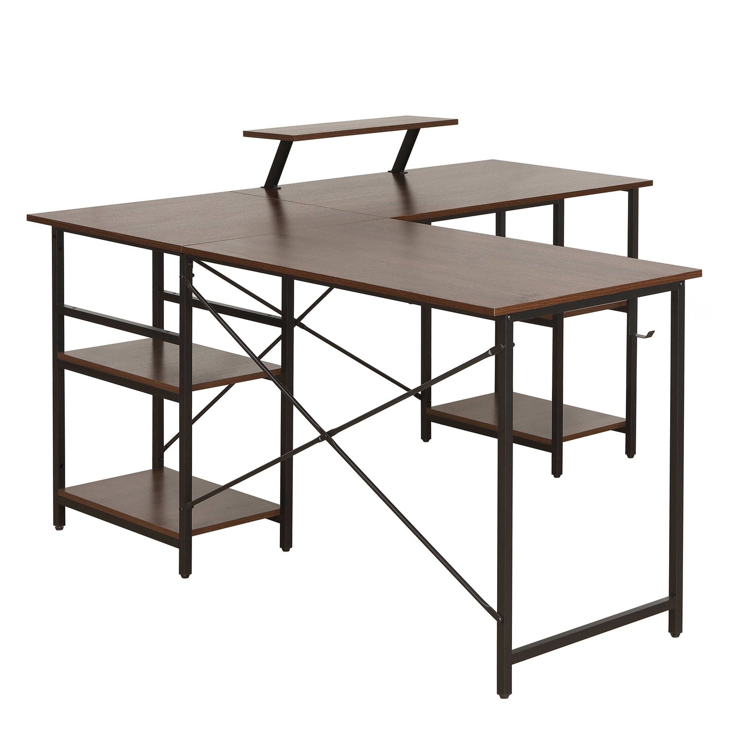 Techni Mobili L-Shape Industrial Desk with storage shelves, Walnut - Free Shipping - Aurelia Clothing