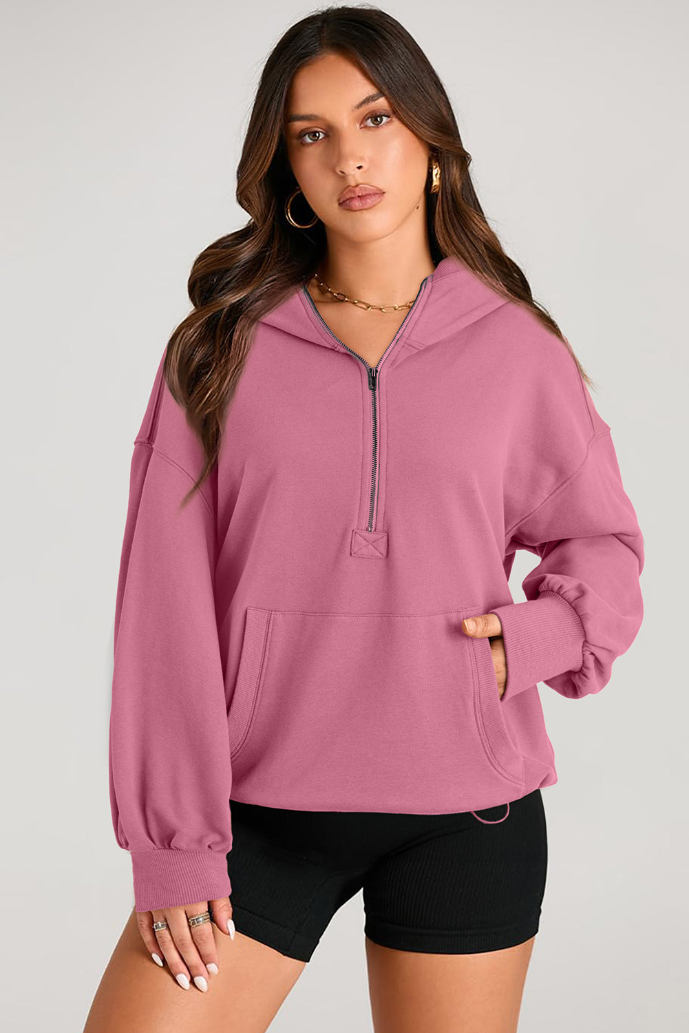 Pocketed Half Zip Long Sleeve Hoodie - Aurelia Clothing