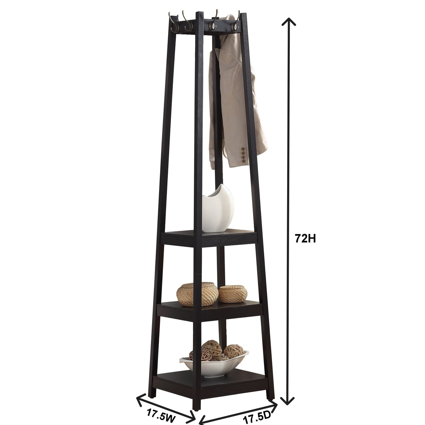 Vassen Coat Rack w/ 3-Tier Storage Shelves in Espresso Finish - Free Shipping - Aurelia Clothing