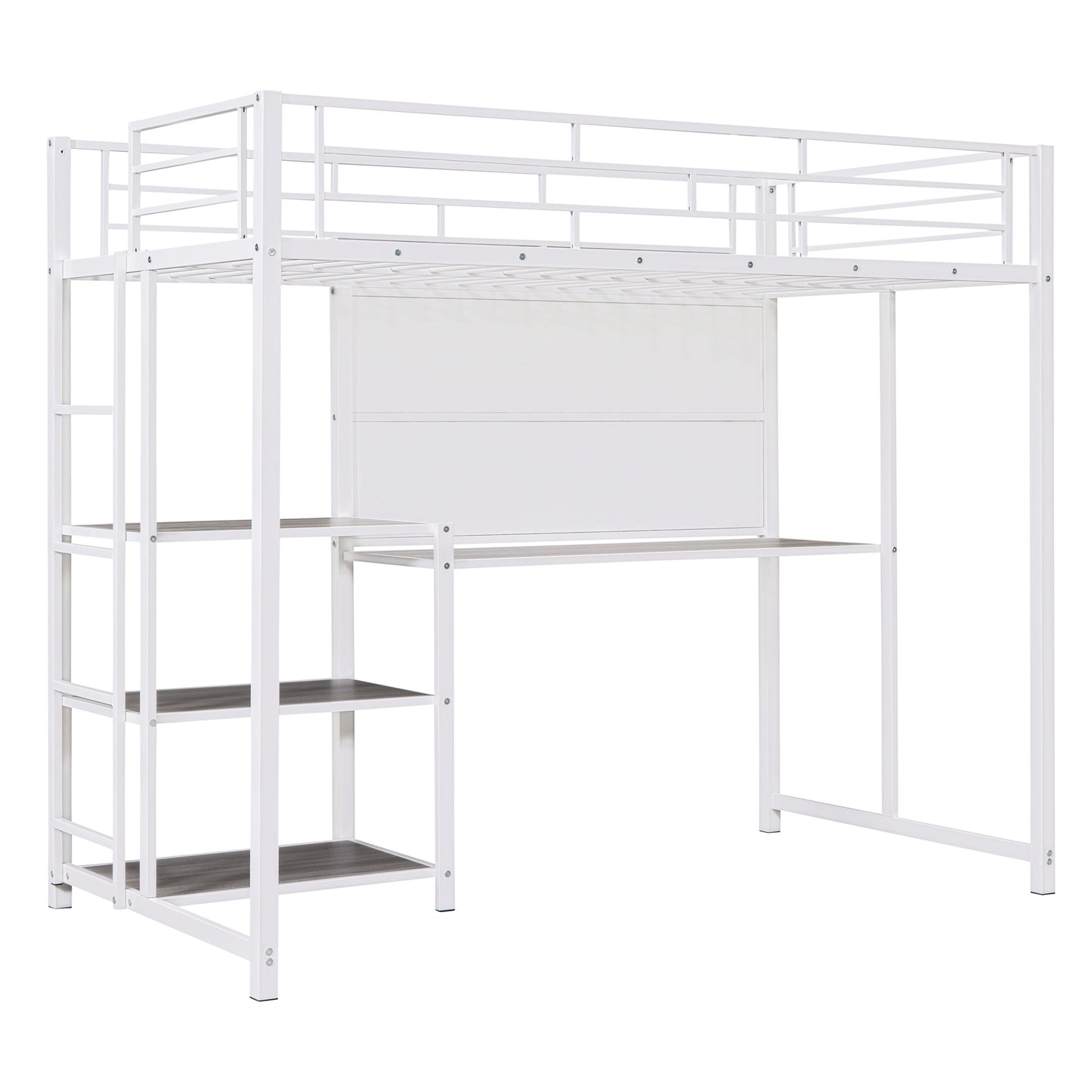 Twin Size Loft Bed with Desk and Whiteboard, Metal Loft Bed with 3 Shelves and Ladder, White - Free Shipping - Aurelia Clothing