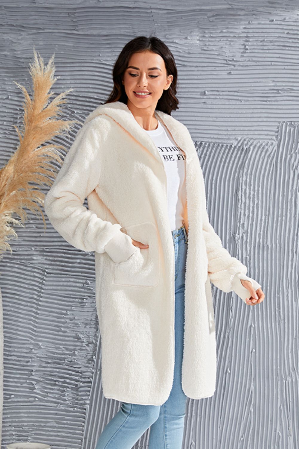 Double Take Full Size Hooded Teddy Bear Jacket with Thumbholes - Aurelia Clothing