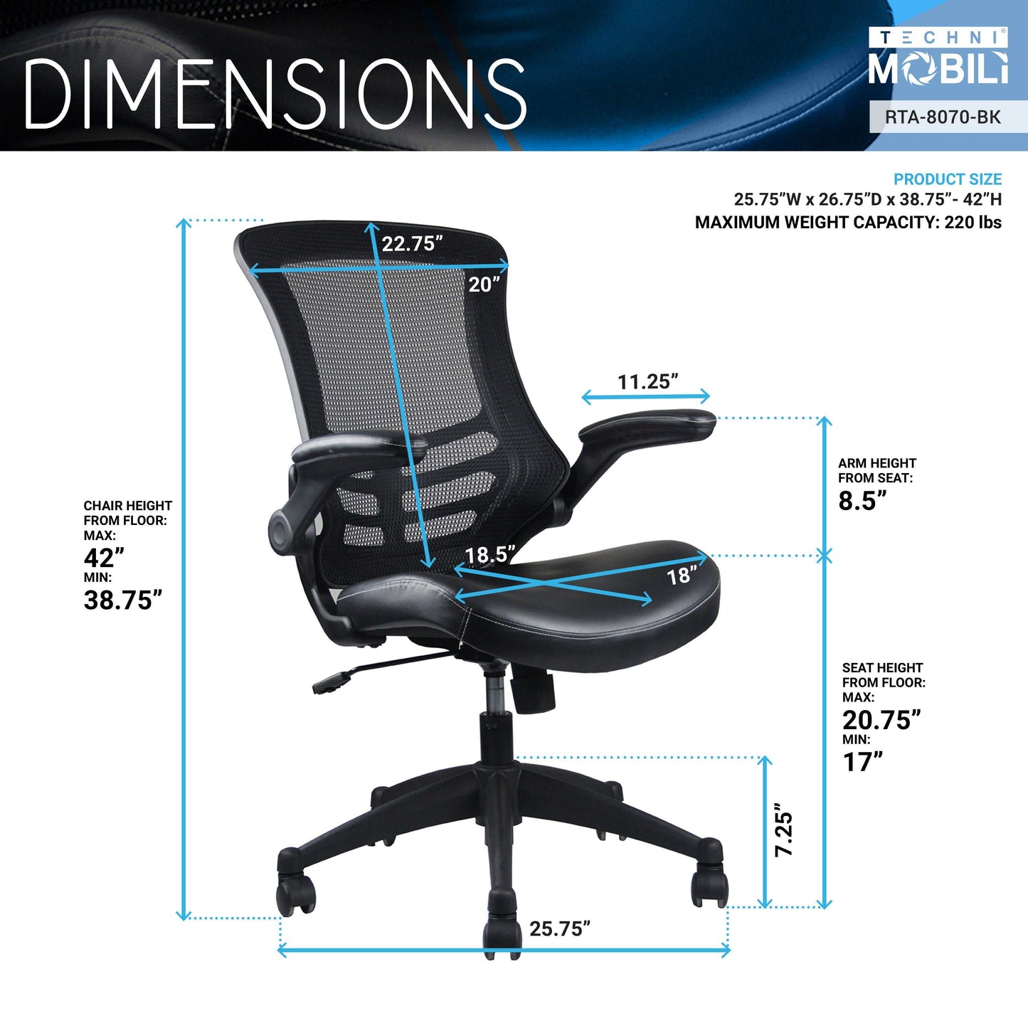 Techni Mobili Stylish Mid-Back Mesh Office Chair with Adjustable Arms, Black - Free Shipping - Aurelia Clothing