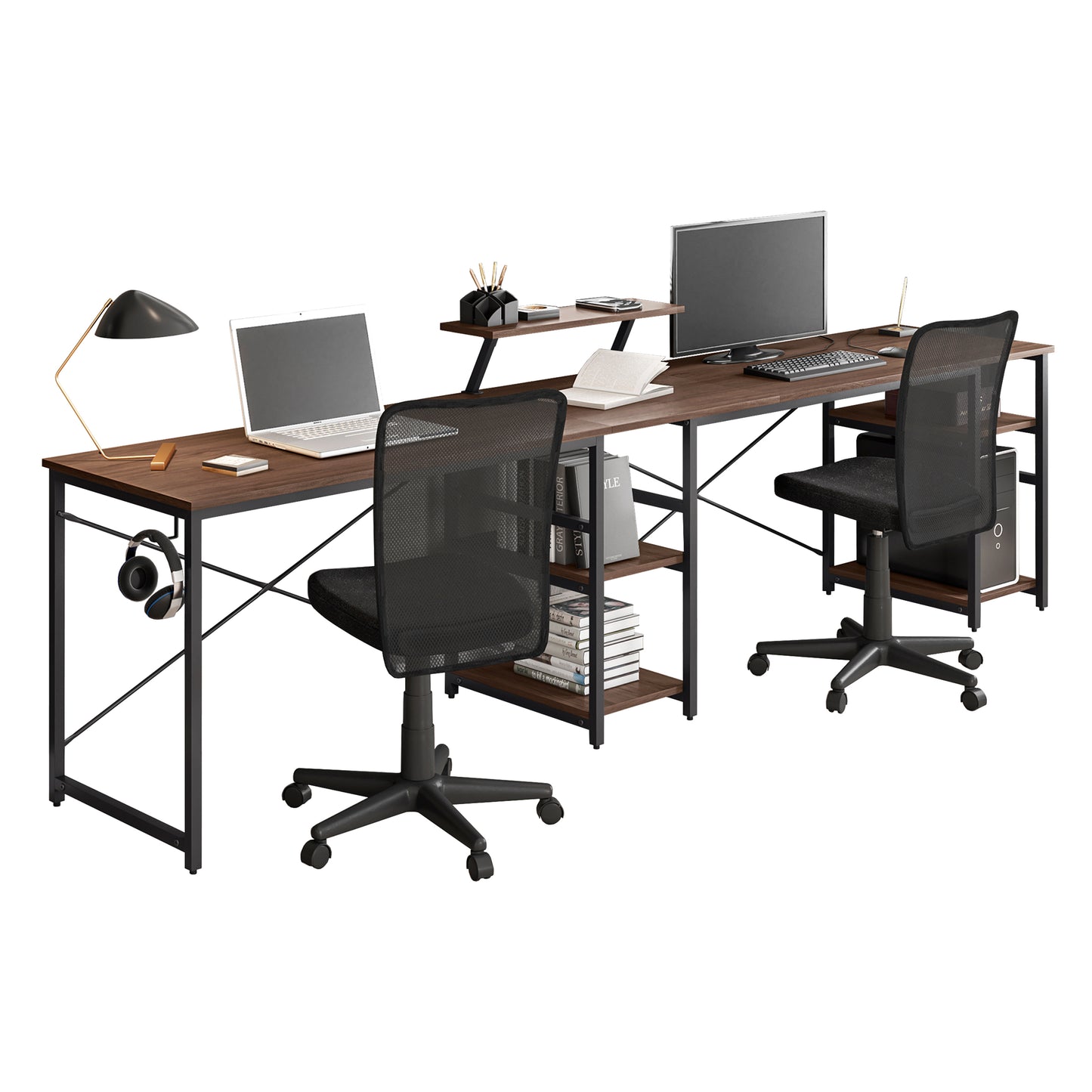 Techni Mobili L-Shape Industrial Desk with storage shelves, Walnut - Free Shipping - Aurelia Clothing