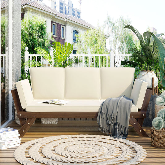 TOPMAX Outdoor Adjustable Patio Wooden Daybed Sofa Chaise Lounge with Cushions for Small Places, Brown Finish+Beige Cushion - Free Shipping - Aurelia Clothing