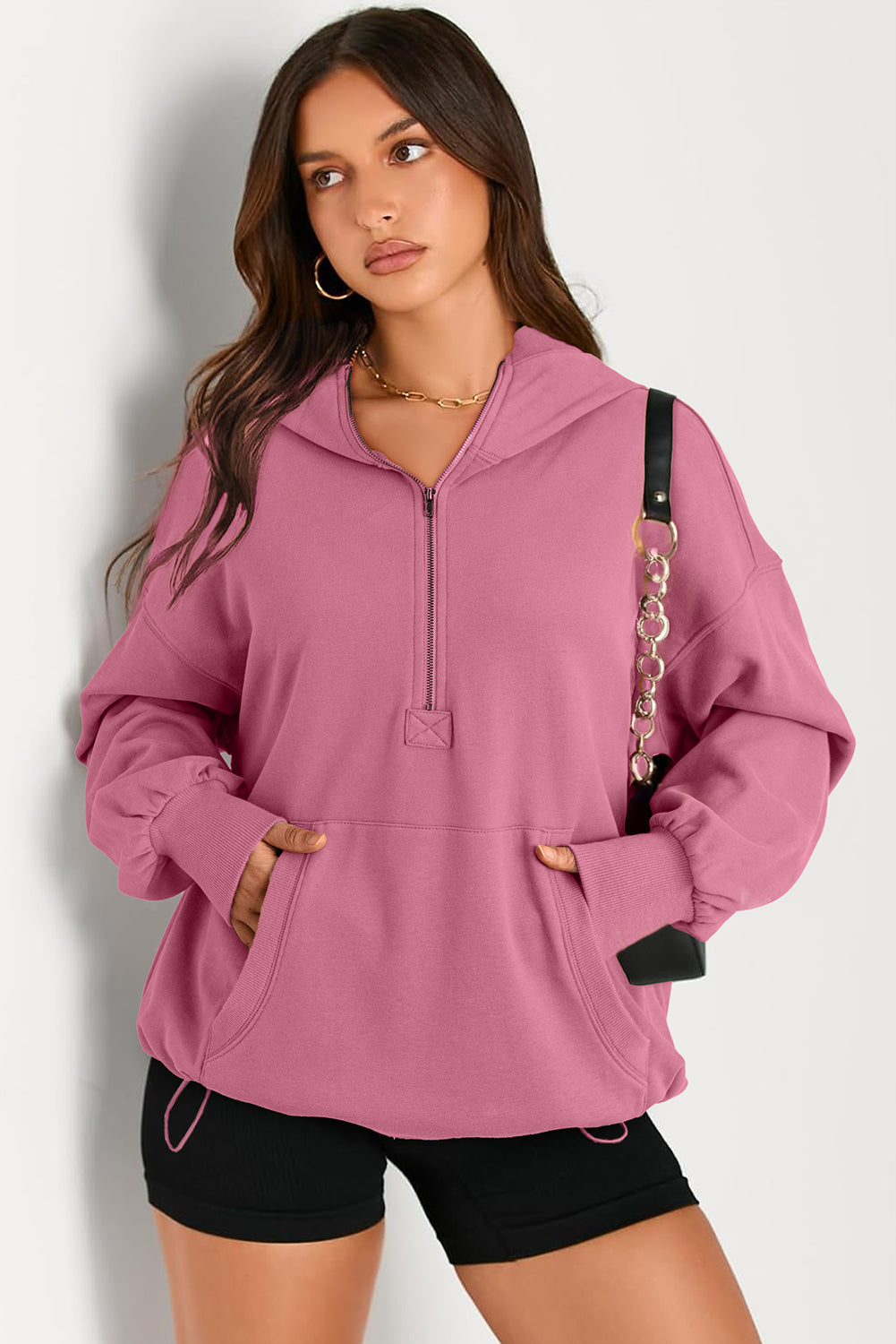 Pocketed Half Zip Long Sleeve Hoodie - Aurelia Clothing