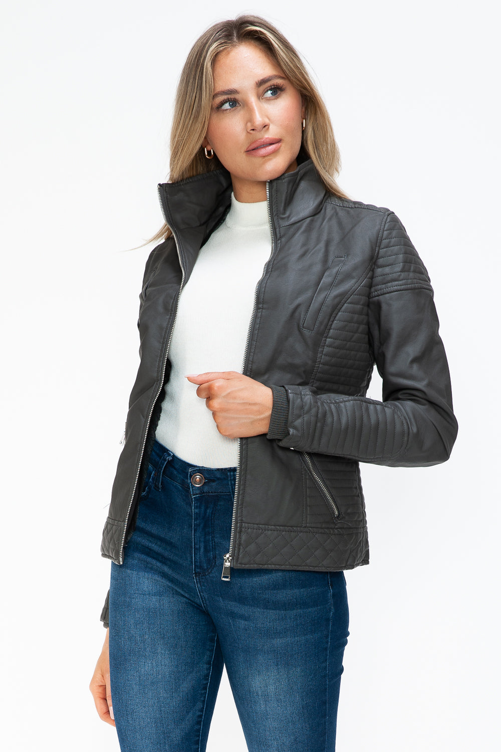 YMI Faux Layered Double-Zipper Jacket with Fuzzy Hood - Aurelia Clothing
