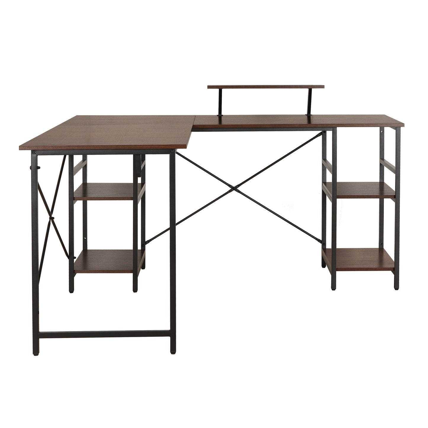 Techni Mobili L-Shape Industrial Desk with storage shelves, Walnut - Free Shipping - Aurelia Clothing