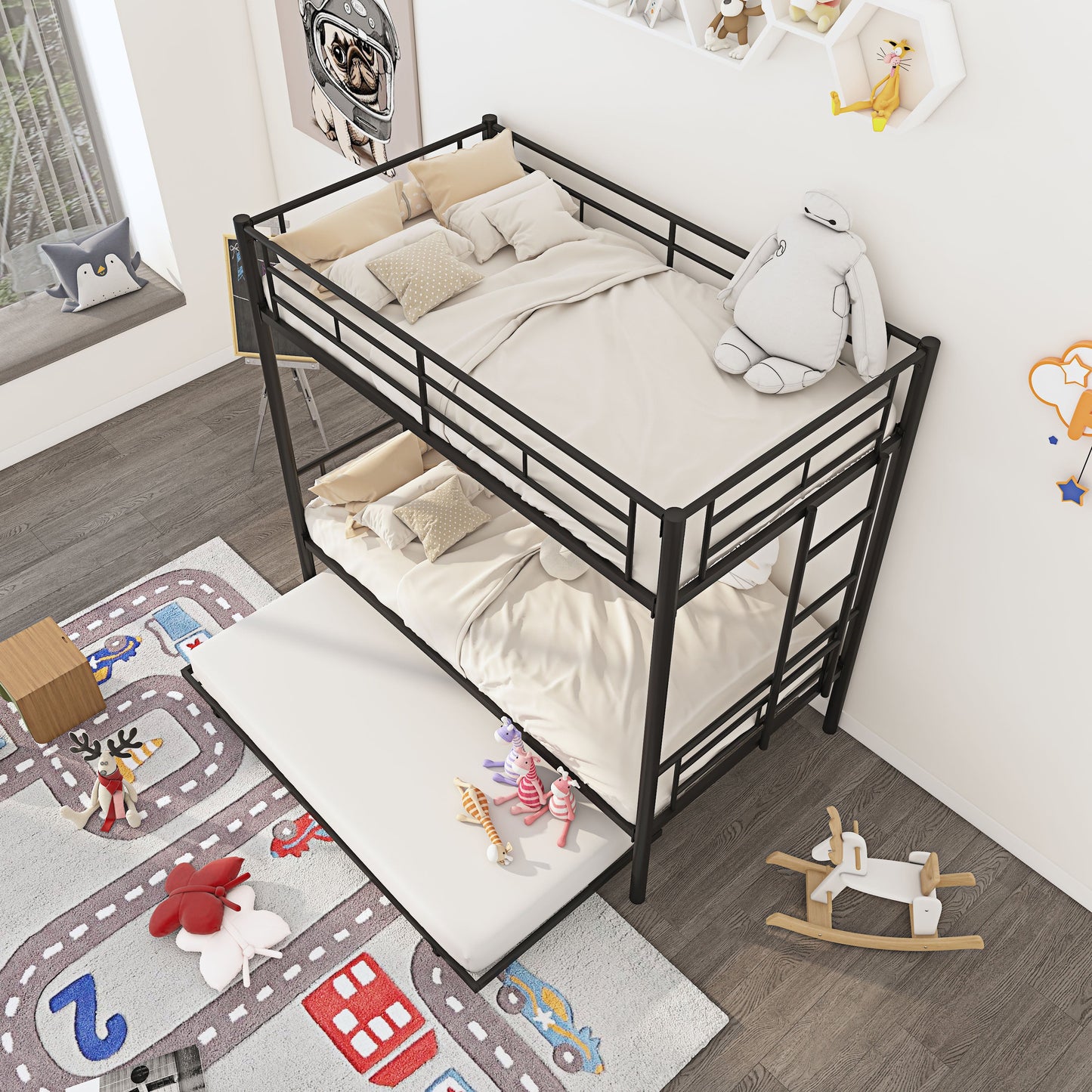 Twin Over Twin Metal Bunk Bed Frame with Trundle(Upgrade reinforcement version)- Free Shipping - Aurelia Clothing