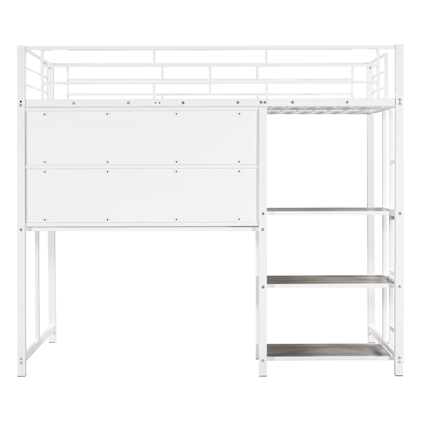 Twin Size Loft Bed with Desk and Whiteboard, Metal Loft Bed with 3 Shelves and Ladder, White - Free Shipping - Aurelia Clothing