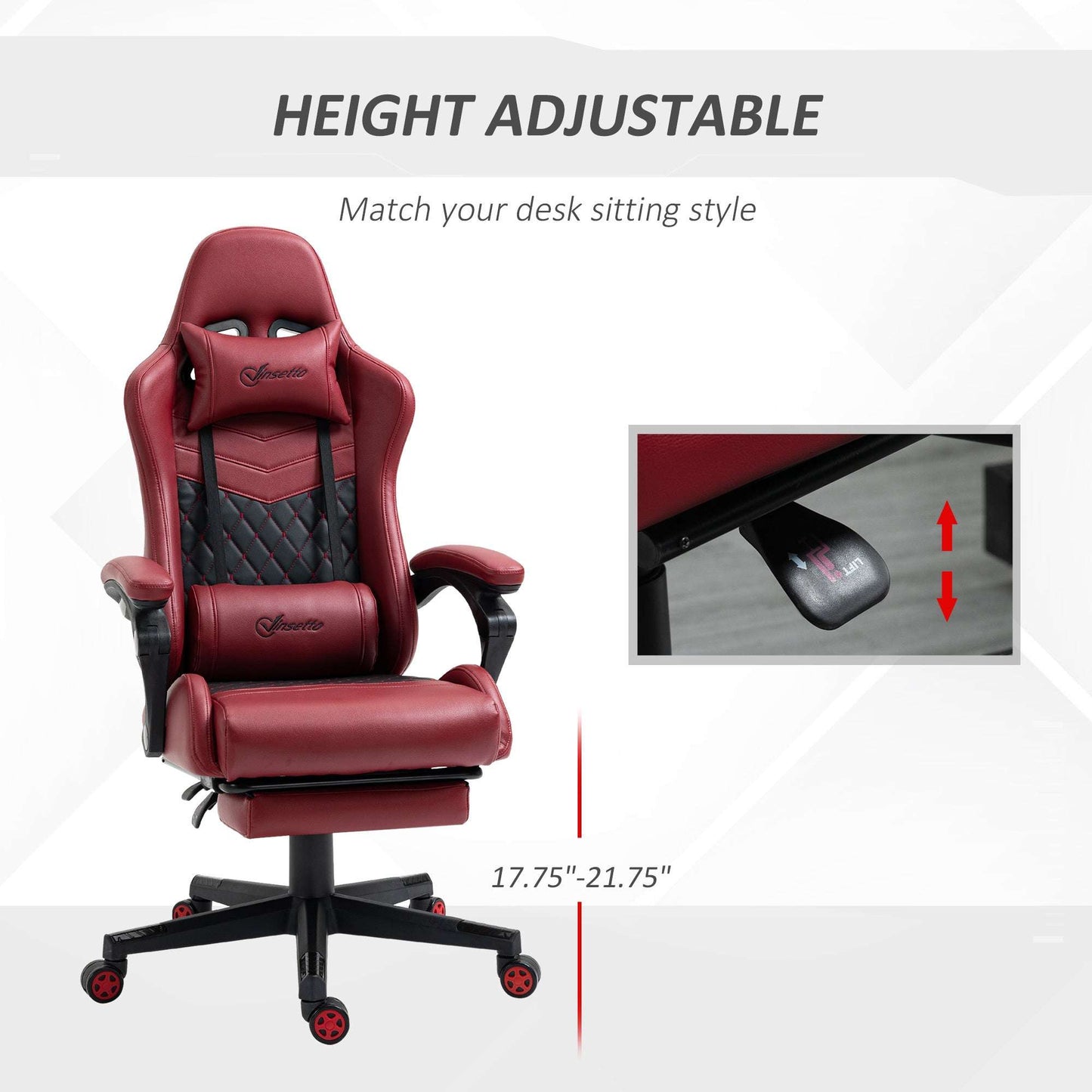 Vinsetto Racing Gaming Chair Diamond PU Leather Office Gamer Chair High Back Swivel Recliner with Footrest, Lumbar Support, Adjustable Height, Red - Free Shipping - Aurelia Clothing