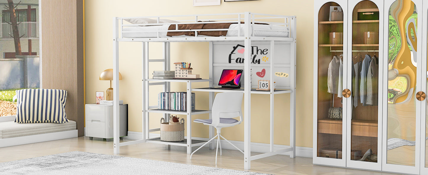 Twin Size Loft Bed with Desk and Whiteboard, Metal Loft Bed with 3 Shelves and Ladder, White - Free Shipping - Aurelia Clothing
