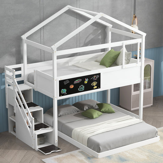 Twin over Full House Bunk Bed with Storage Staircase and Blackboard,White(Old SKU: GX001701AAK) - Free Shipping - Aurelia Clothing